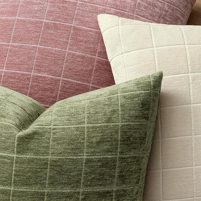MIULEE Decorative Chenille Check Throw Pillow Covers Vintage Plaid Couch Pillows 20x20 Inch Set of 2 Neutral Boho Farmhouse Cushion Covers Modern Spring Decor for Sofa Bed Living Room Sage Green