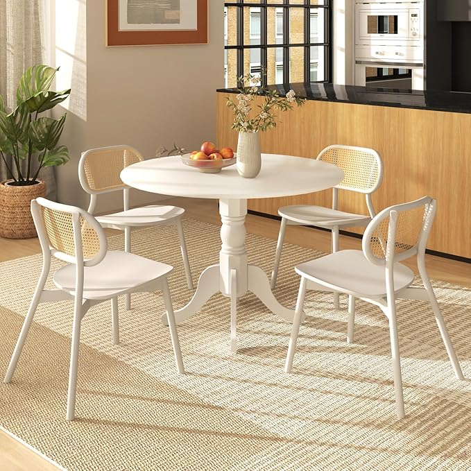 Giantex Round Dining Table, 39" D X 29" H, Rubber Wood Pedestal Table W/Round Tabletop & Curved Trestle Legs, 4-Person Dinner Table for Kitchen, Dining Room, Restaurant (White)