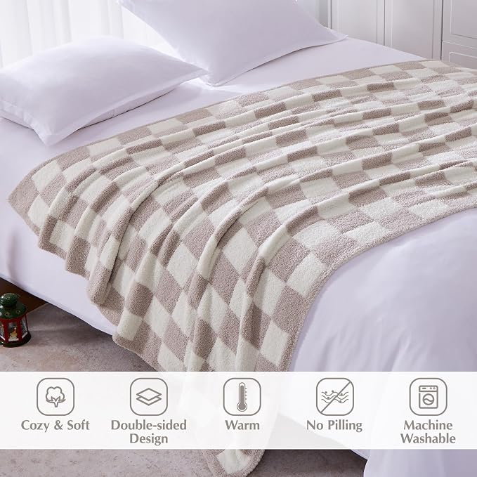 WRENSONGE Soft Checkered Throw Blanket for Couch-Cozy Warm Knitted Blankets | Lightweight Warm Fluffy Decor for Women, Mom, Her & Girls, Sofa, Chair, Bed, 50x60in,Taupe