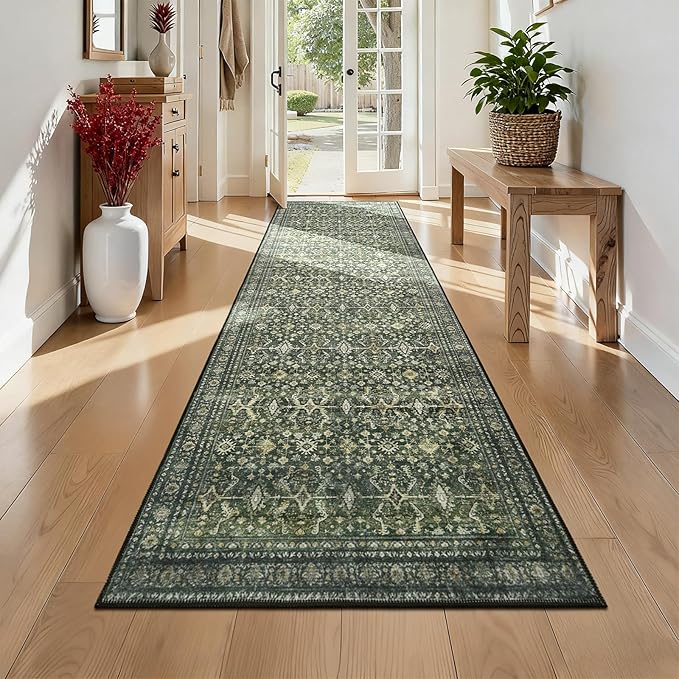 Lofus 2'6"x14' Area Rug for Hallways,Green Washable Runner Rugs with Non Slip Rubber Backing, Low Pile Soft Carpet Runner for Kitchen Bathroom Bedroom Laundry
