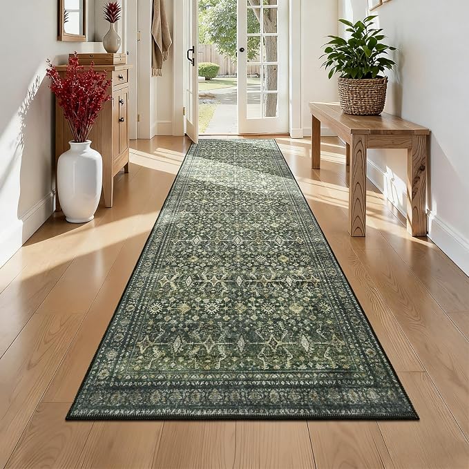 Lofus 3' X 10' Area Rug for Hallways,Green Washable Runner Rugs with Non Slip Rubber Backing, Low Pile Soft Carpet Runner for Kitchen Bathroom Bedroom Laundry