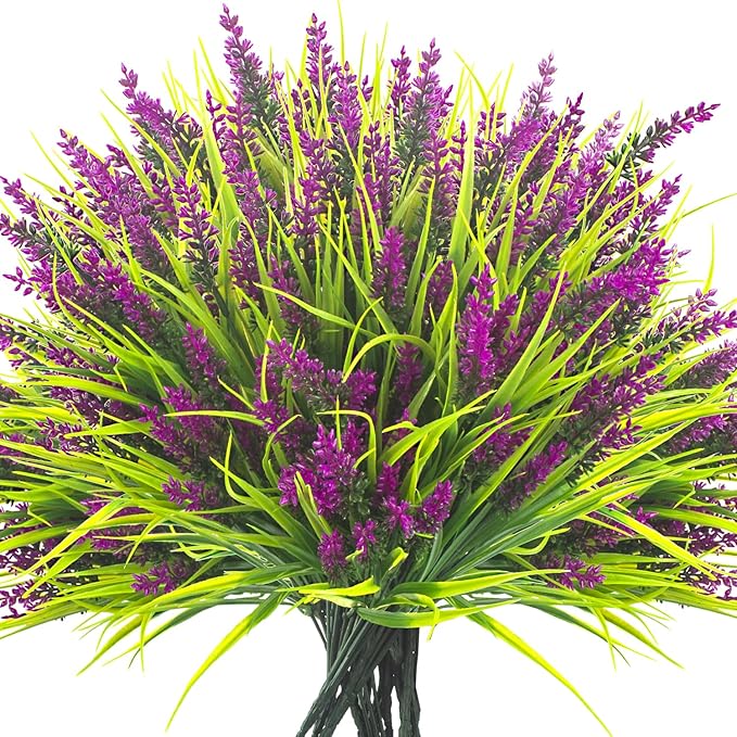 Grunyia 20 Bundles Artificial Plants Outdoor Fake Monkey Grass with Flowers (Fuchsia)