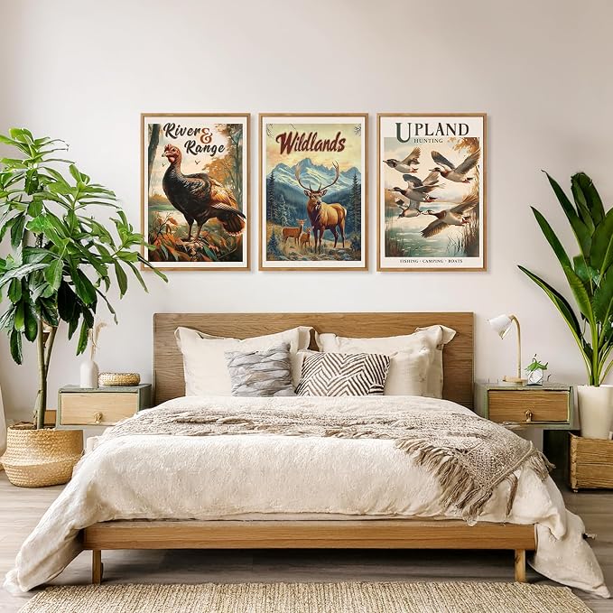 HOURIA 3Pcs Large Retro Hunting Framed Canvas Wall Art Set(16"x24"),Wildlife Deer Elk Mallard Duck Hunting Nursery Decor Rustic Wild Animals Camping Posters For Hunter Room Cabin Decor Living Room Bedroom