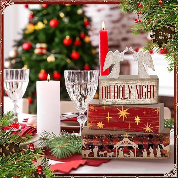 Moucuny 4 Pcs Wooden Christmas Nativity Tiered Tray Decor Rustic Wood Angel Block Sign Gift Kitchen Centerpiece Nativity Scene Table Decor (Jesus)