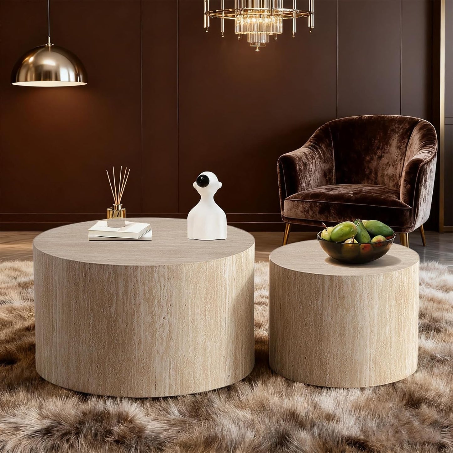Round Nesting Coffee Table Modern Fluted Coffee Table Set of 2 Circle Drum Coffee Tables Small Round Accent Side End Table for Living Room No Assembly (Travertine 26in)