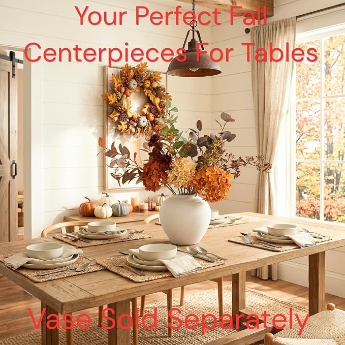 Faux Arrangement - Burnt Orange Hydrangea & Eucalyptus Stems, Fall Centerpieces for Tables, Large Floral Arrangement, Real Touch Artificial Fall Flowers for Thanksgiving & Autumn Dining Table