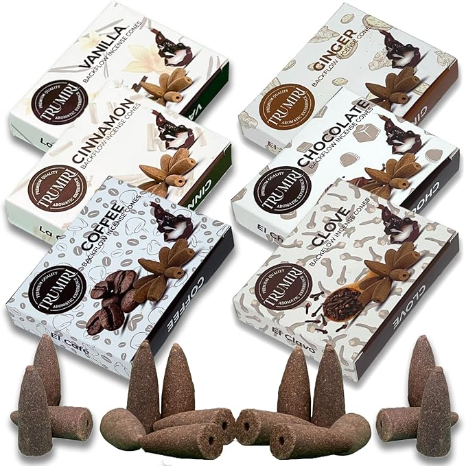 Gourmet - Backflow Incense Cones for Waterfall - Scented Inscents-Cones - Cinnamon, Vanilla, Coffee, Chocolate, Clove, Ginger - Insiensos Aromaticos - 6x10=60 Large Variety Pack
