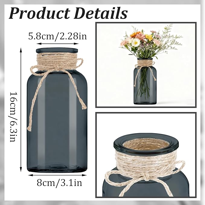 Vintage Glass Flower Vase, Farmhouse Glass Centerpiece Vases Mason Jars for Weddings, Parties & Home Decor Bulk (3, Black)