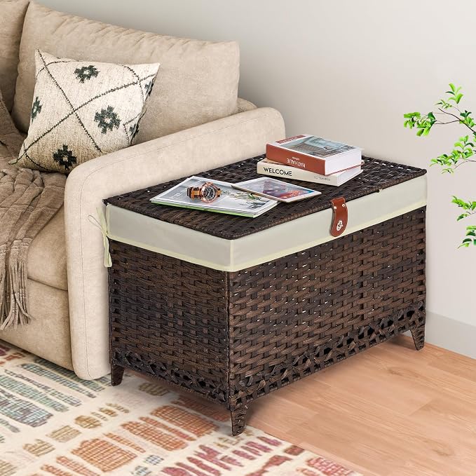 Honjourai Wicker Storage Basket with Lid,Rattan Shelf Basket with Removable Liner Bag,200L Storage Bin,Storage Trunk with Heightened Feet,Storage Container for Wardrobe,Home Organizer