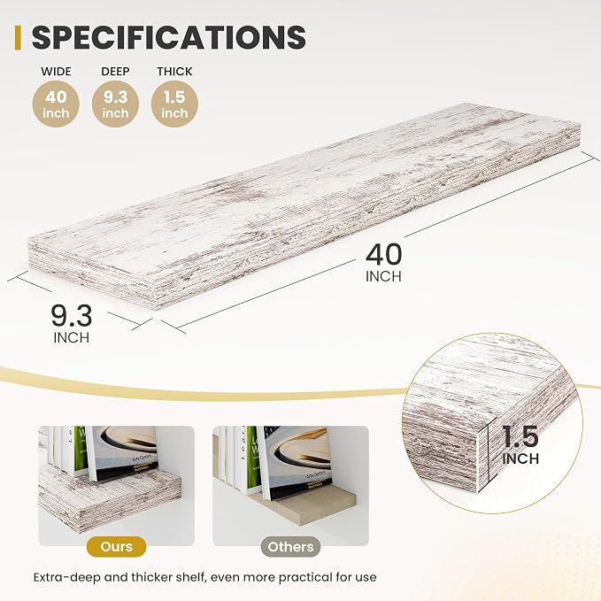 Acovy 40 Inch Floating Shelves, 9.3" Deep Floating Shelf Wall Mounted, 40" Wall Shelves, Rustic Deep Bookshelf, Large Display Shelves & Storage Shelves for Bedroom, Living Room, Rustic, Set of 2