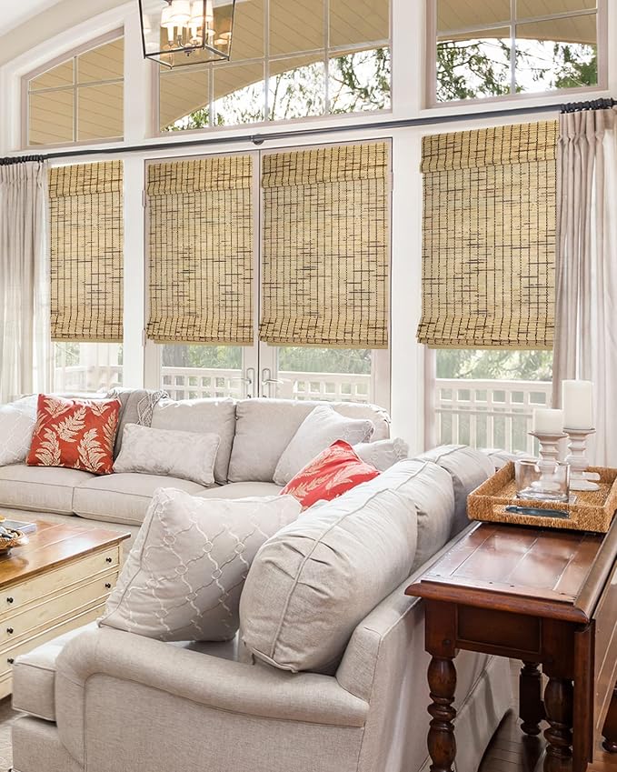 CHICOLOGY Bamboo Roman Shade, Cordless Light Filtering Woven Wood Window Treatment for Living Room, Dining Room, Kitchen & Office, Natural Bamboo Blinds for Boho Coastal Decor, Tortoise, 29"W x 64"H