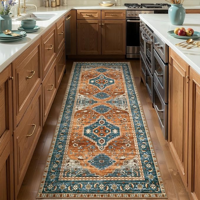 Tangsoo Vintage 2X6 Washable Runner Rug for Hallways, Non Slip Hallway Rugs, Oriental Soft Low Pile Long Rug Carpet Runners for Kitchen Bedroom Entryway Bathroom Living Room Home Decor Orange Blue