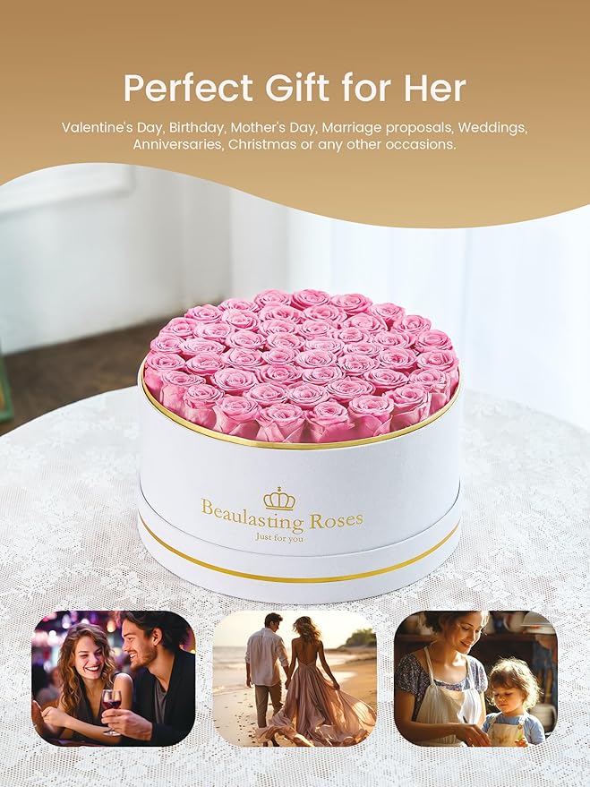 47 Preserved Roses Forever Flowers Real Roses in a Box Mother's Day Birthday Flowers for Her Mom Women Wife Valentine's Day, Pink Roses