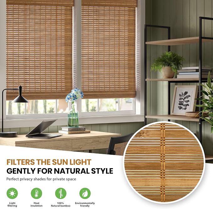 LazBlinds No Drill Bamboo Roman Shades, 33x64, Squirrel | Light Filtering Window Treatment, No Tools Cordless Roll Up Bamboo Blinds for Window