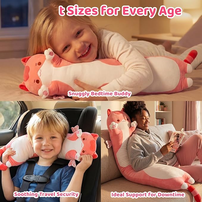 Mewaii Long Cat Plush 5 Sizes, 120% Extra Filling Giant Plushness Kids Body Pillow, Kawaii Cute Pink Cat Stuffed Animals Plushies, Big Long Body Pillow Cat Plush Gift for Girls 28”