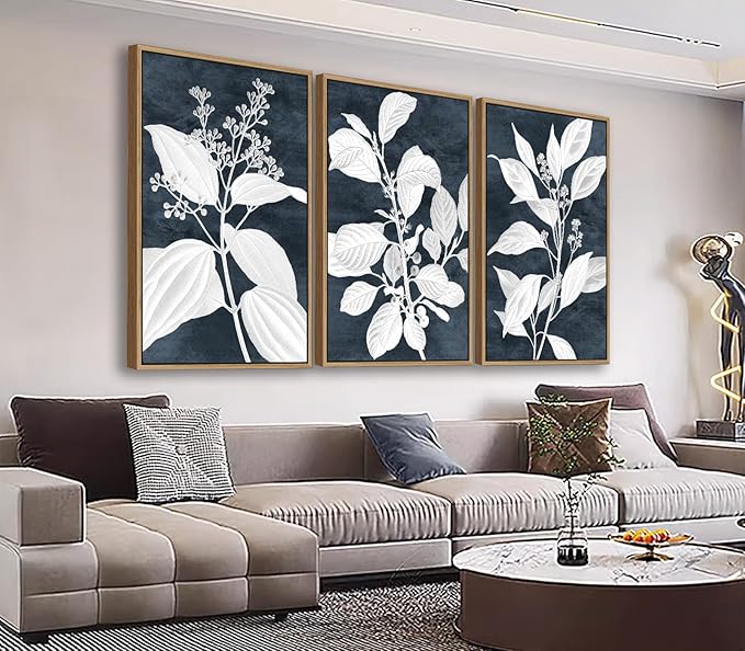 Large Botanical Wall Art for Living Room Natural Wood Float Framed Art Set of 3 White Plant Canvas Pictures Minimalist Artwork Indigo Canvas Prints for Bedroom Home Office Wall Decor 20"X28"X3