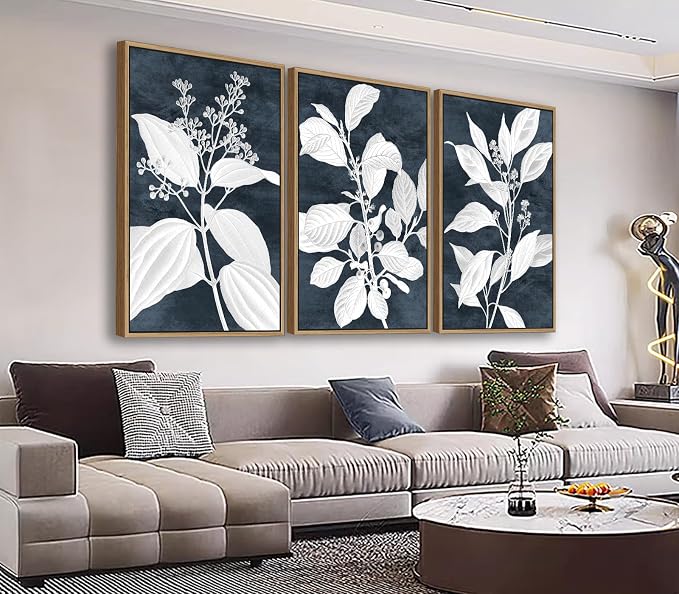 Large Botanical Wall Art for Living Room Natural Wood Float Framed Art Set of 3 White Plant Canvas Pictures Minimalist Artwork Indigo Canvas Prints for Bedroom Home Office Wall Decor 16"X24"X3