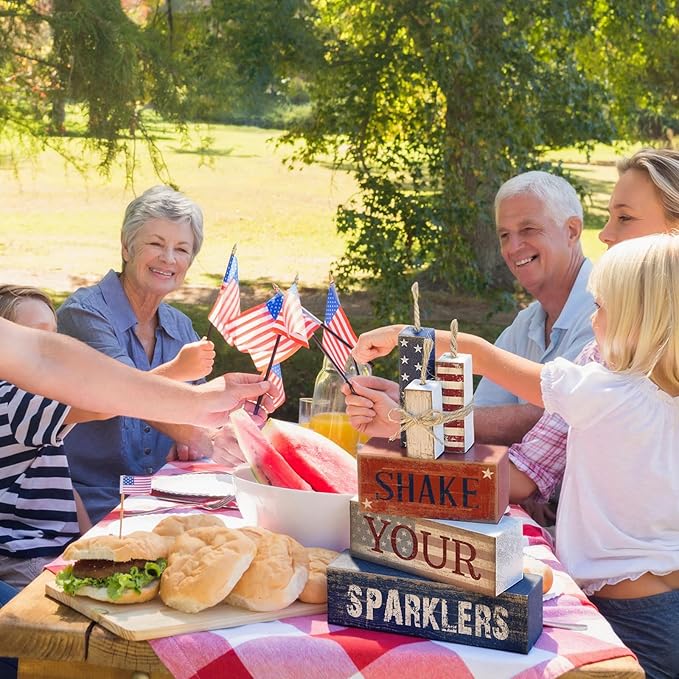 CroBlissful 4 Pcs 4th of July Decorations Patriotic Memorial Day Tabletop Decorations Red White Blue Table Centerpieces Sign for Office Tiered Tray Home Shelf 250th Anniversary(Shake)
