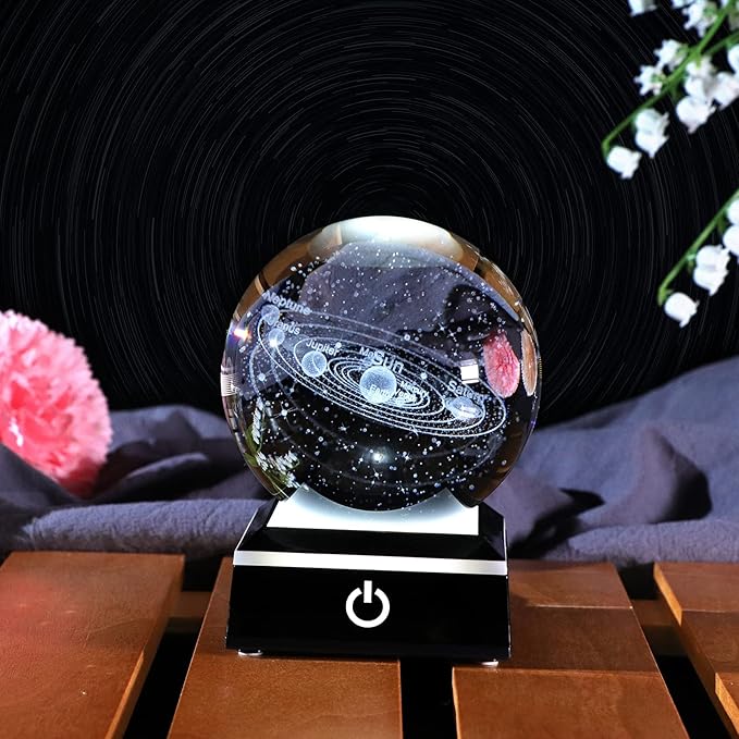 3.15" K9 Crystal 3D Solar System Ball with Black LED Colorful Lighting Touch Base, Engraving Solar System Star Planet Model Decor, Science Universe Astronomy Gifts for Astronomy Lovers