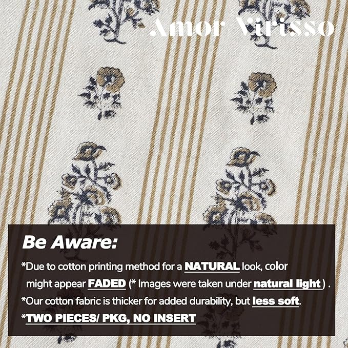 Amor Virisso Floral Throw Pillow Covers 20x20 Set of 2 Block Print Pillow Covers Neutral Floral Striped Farmhouse Decorative Pillow Covers for Sofa Couch Bed, Yellow