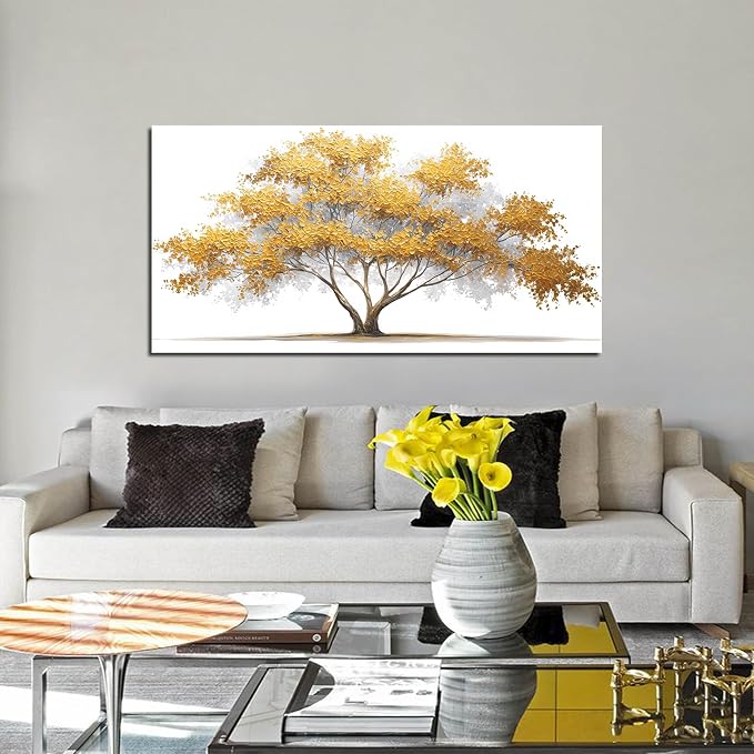 AOZEMI Yellow Wall Art for Living Room Tree Pictures Wall Decor White Canvas Artwork Art Bedroom Bathroom Office Large Modern 24"x 48"