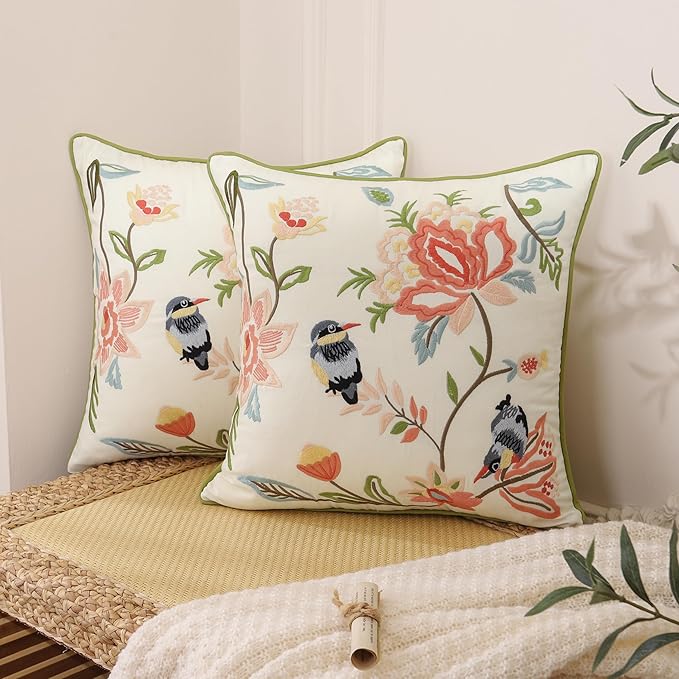 Embroidered Throw Pillow Covers 18x18 inch Pack of 2 Vintage Birds with Pink Flowers Farmhouse Pillow Cushion Cases Spring Summer Decorative Pillowcases Home Decor for Sofa Bed Living Room