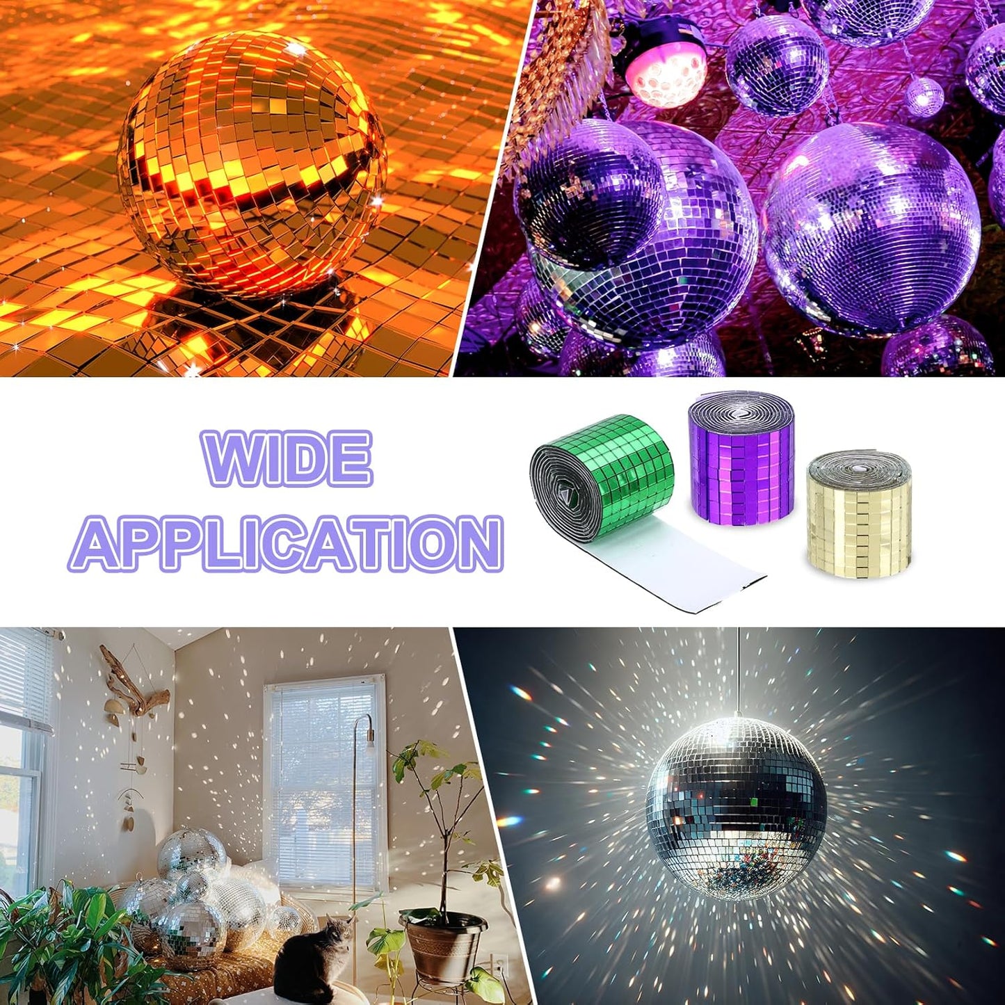 MECCANIXITY Self Adhesive Glass Mirror Mosaic Tiles 3200 Pcs 5 x 5 mm Disco Tiles for Craft Decoration Glass Mirror Disco Ball 2 Rolls (Purple/Silver)
