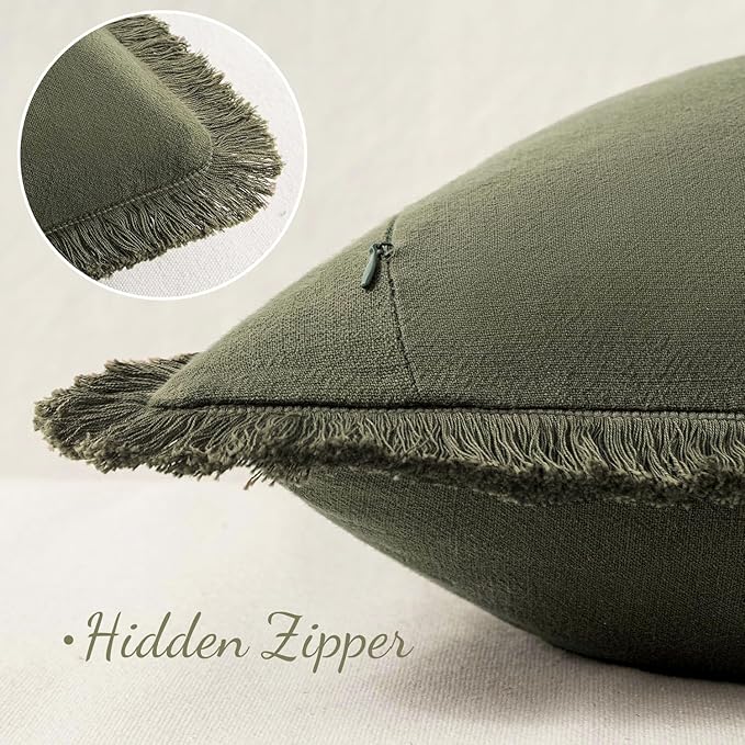 MIULEE Decorative Throw Pillow Covers Neutral Linen Fringe Throw Pillows Euro Shams Set of 2 Olive Green Boho Farmhouse Cushion Covers for Couch Sofa Bed Living Room Spring Home Decor 22x22 Inch