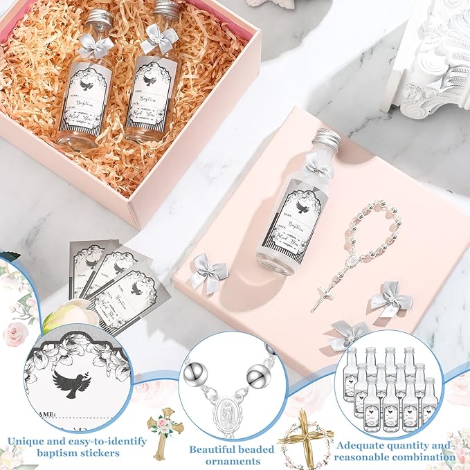 FillTouch 12 Sets Catholic Holy Water Bottle Baptism Rosary Set Baptism Favors 1.7oz Christian Water Container Empty Glass Holy Water Bottle for Easter Party Church Wedding Table Newborn (Silver)