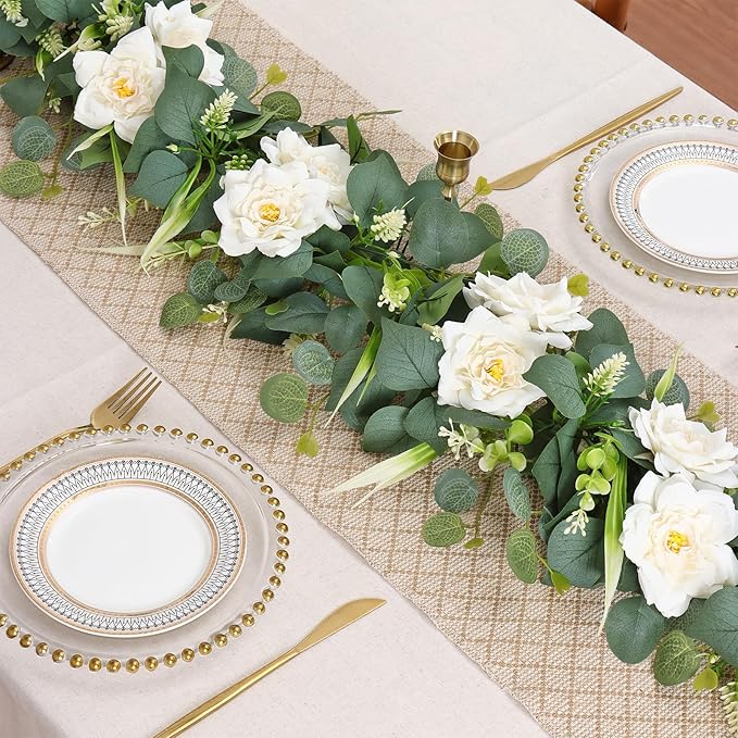 2PCS Flower Garland 6.2FT Artificial Rose Flowers Garland Wall Vines Greenery White Roses Eucalyptus Garlands for Wedding Table Runner Arches Backdrop Party Centerpiece Room Decor