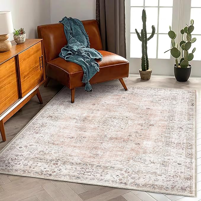 CHAMPLANT Washable Area Rug 3'x5' Vintage Traditional Floor Cover Foldable Thin Rugs Retro Kitchen Indoor Distressed Non Slip Carpet Floral Print Mat Bedroom Living Room