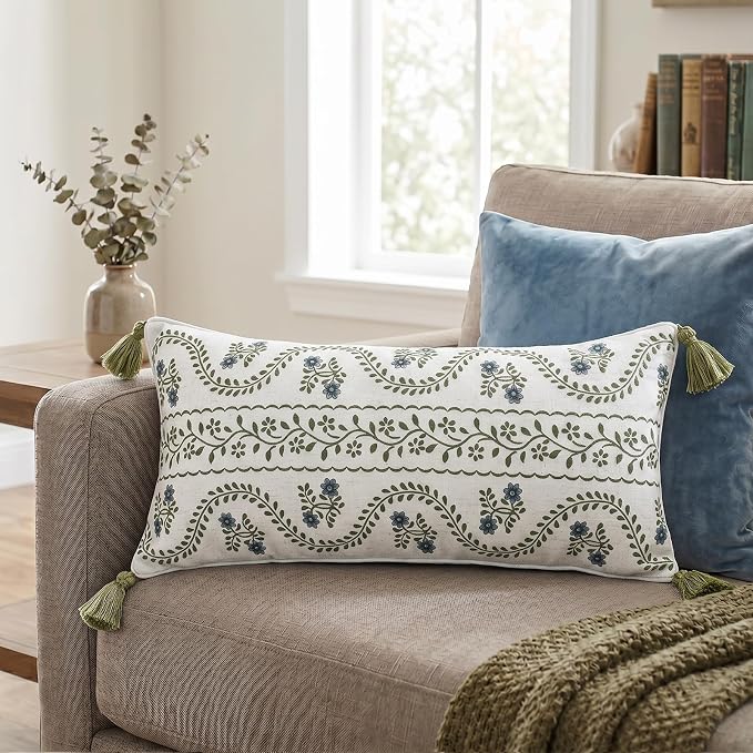 ISAENNE Designer Vintage Linen Throw Pillow Cover,28"x12"-Mosella D | French Elegant Rectangle Decor Pillow Cover,Concealed Zipper Design,Floral Pattern,Sofa,Bedroom,Living Room,Lounge Chairs