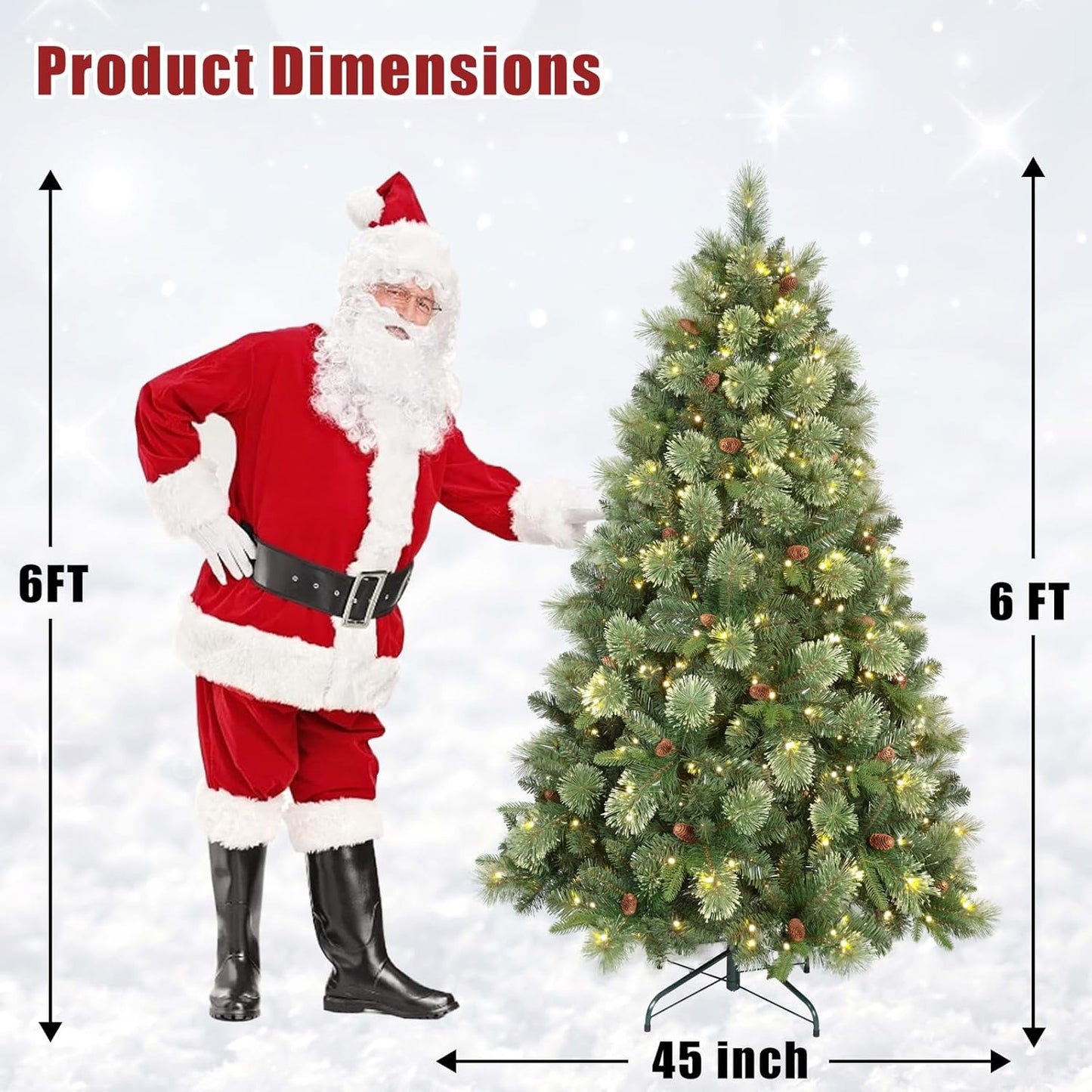 Kadunmina 6ft Prelit Christmas Tree, Artificial Carolina Pine Christmas Tree with 410 Warm White Lights, Pine Cones, 980 Branch Tips and Metal Stand for Home, Office, Holiday Party Decoration