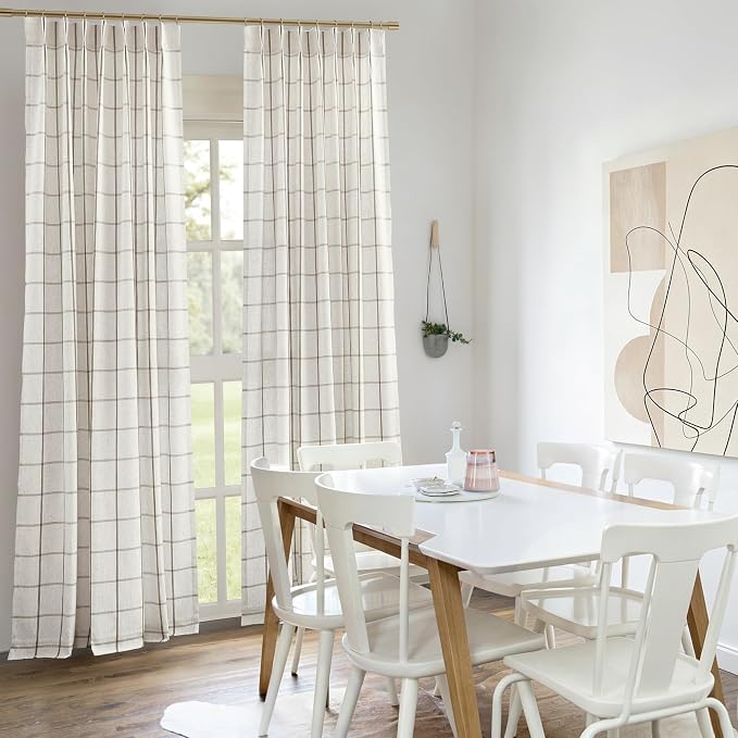 Vision Home Tan Plaid Linen Pinch Pleated Semi Sheer Curtains 60" Wx84 Lx2 | Checkered Light Filtering, Back Tab,with Ring Hooks, 2 Panels, Living Room Bedroom, Rustic Pleat Drapes