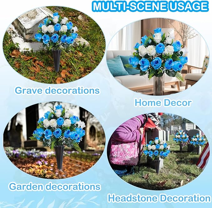 Lodou Set of 2 Artificial Cemetery Flowers, Memorial Flowers Bouquet,Grave Memorial Flowers with Vase for Cemetery Headstones Decoration (Blue White)