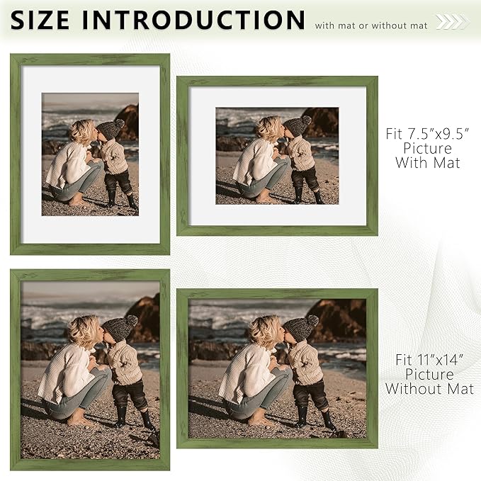 Picrit 11x14 Picture Frame Set of 12, Display 8x10 with Mat or 11x14 without Mat, Photo Frames for Wall Mounting or Table Top Display, Green Wood Grain