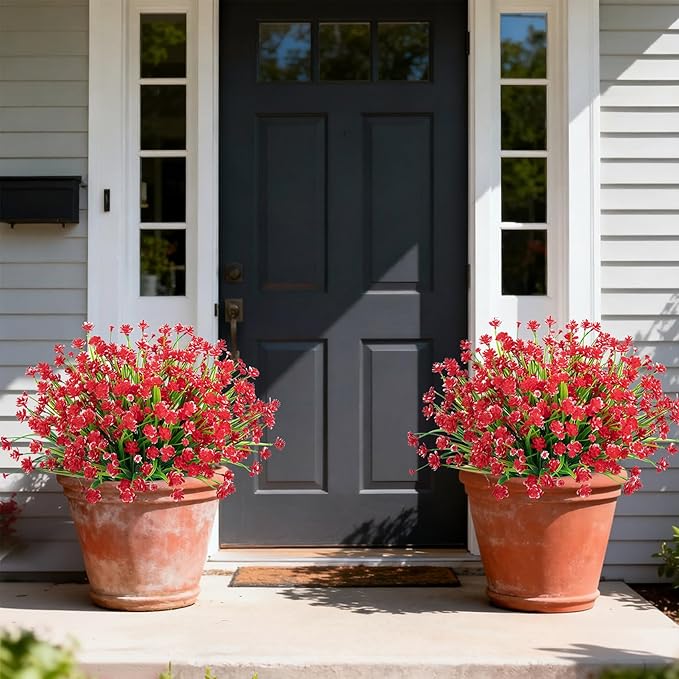 Ouddy Decor 12 Bundles Artificial Flowers for Outdoors UV Resistant Fake Plastic Plants Faux Greenery Stems for Spring Summer Indoor Garden Patio Window Box Kitchen Home Decor, Red