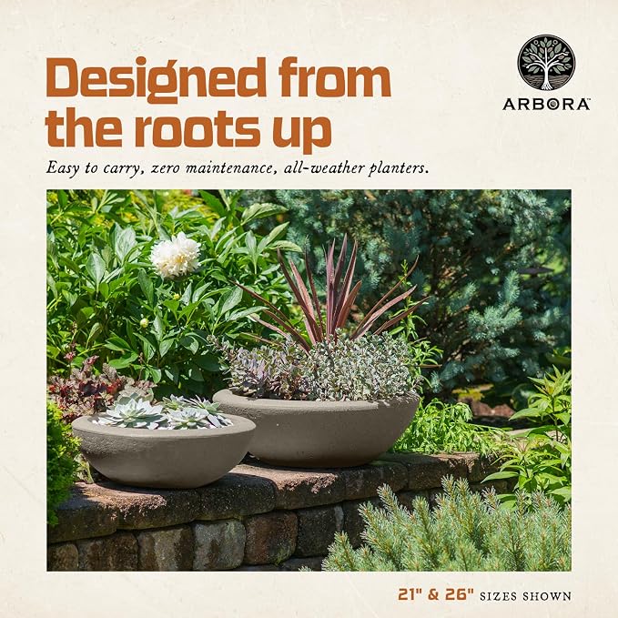 ARBORA 21" Santorini Bowl 2-Pack with Classic Cream Finish - Polyresin Indoor and Outdoor Planters, Durable, Weatherproof, Lightweight, Large Plant Pots for Patio, Garden, Deck, Entryway