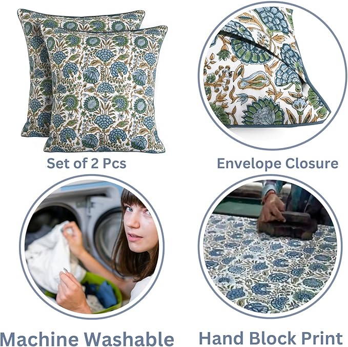 Ridhi Block Print Asparagus Green Pillow Cover 16" x 16" (Pack of 2) Decorative Couch Pillows for Living Room, Chic Boho Cute Outdoor Pillows Covers Gifts for Spring, Easter and Valentine