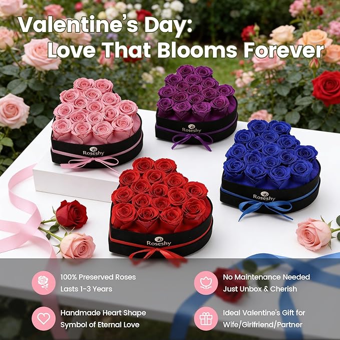 Valentines Day Flowers Roses Gifts for Her,16pcs Pink Forever Preserved Roses in Heart Shape Gift Box,Valentines Day Delivery Prime Gifts-Roses Gifts for Women,Mom.