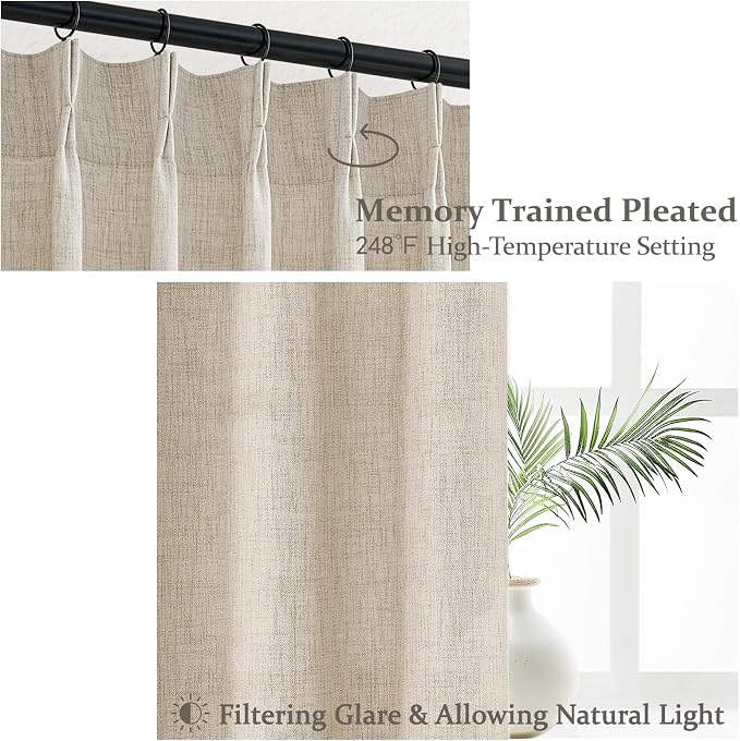 Pleated Natural Linen 95 Inch Curtains 2 Panel Set for Living Room, Rustic Farmhouse Pinch Pleat Semi Sheer Curtain Light Filtering Privacy Ceiling Track Nursery Window Drapes 40"W x 95 Inches Length