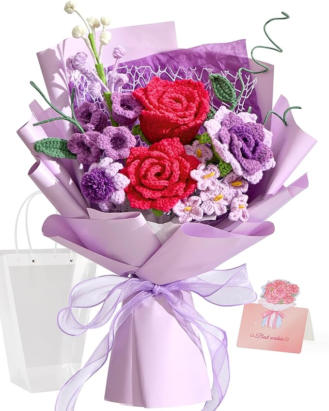 Alecono Crochet Flower Bouquet, Purple and Hot Pink Knitted Flowers, Crochet Roses Flower for Valentine Day Lover Anniversary Birthday Mother's Day Graduation Gifts (with Card)