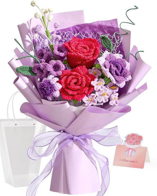 Alecono Crochet Flower Bouquet, Purple and Hot Pink Knitted Flowers, Crochet Roses Flower for Valentine Day Lover Anniversary Birthday Mother's Day Graduation Gifts (with Card)