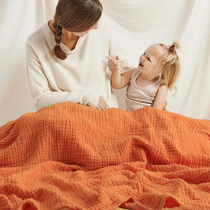 Carriediosa 100% Cotton Muslin Throw Blanket 66" X 90" Twin XL Size，4-Layers Summer Gauze Throws for Bed Couch，Soft Lightweight Breathable Linen Blankets Bedspread for Adults All Season，Orange