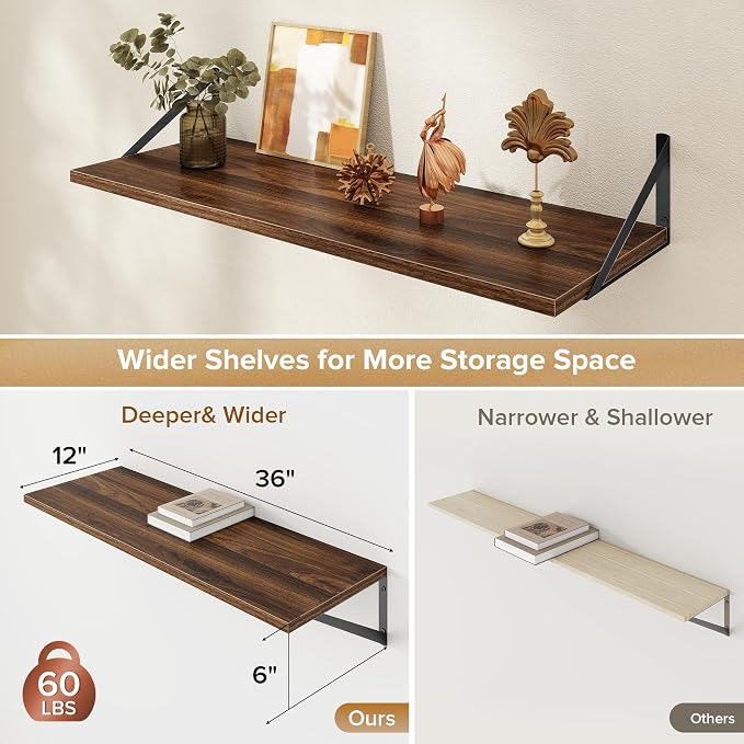 Acovy Deep Floating Shelves Wall Mounted, 36"x12" Walnut Wall Shelves with Brackets Set of 2 for Bedroom, Living Room, Bathroom, Kitchen, Office - Storage & Display Shelf for Decor, Books, Plants