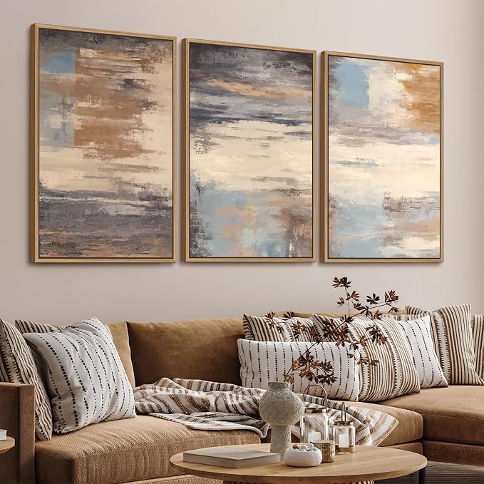 Large Framed Canvas Wall Art - Natural Float Framed Colorful Pictures for Living Room Decor Contemporary Brown Beige Grey Lines Artwork for Bedroom Kitchen Home Office Decoration 72" X 36" Set of 3