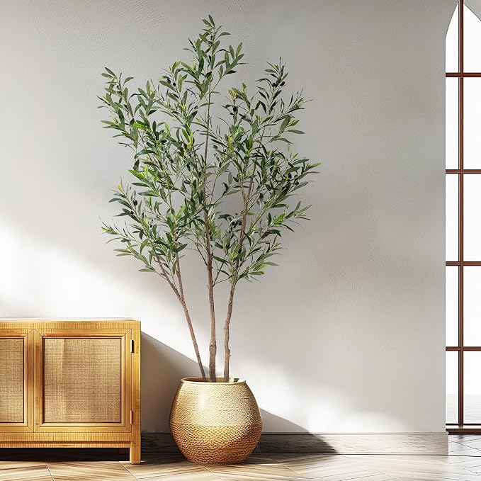 Erimda 6FT Artificial Olive Tree Tall Faux Silk Plant Tall Faux Olive Tree with Natural Wood Trunk & Lifelike Fruits Fake Potted Tree or Home Office Decor