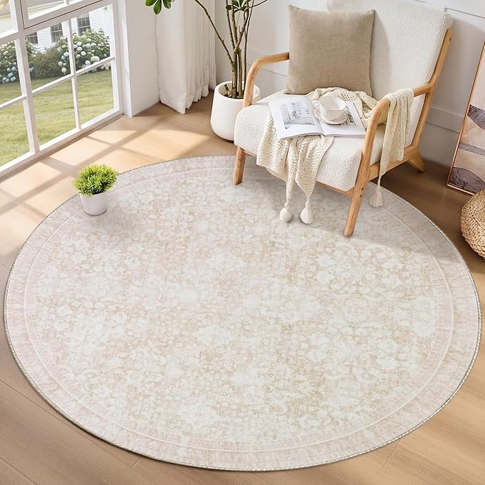 Sasttie Round Rugs 6ft, Ultra-Soft Washable Circle Rug, Low Pile Foldable Thin Carpets with Non-Slip Backing, Skin-Friendly Stain Resistant Carpet for Living Room, Bedroom, Kitchen, Dorm, 6ft, Cream