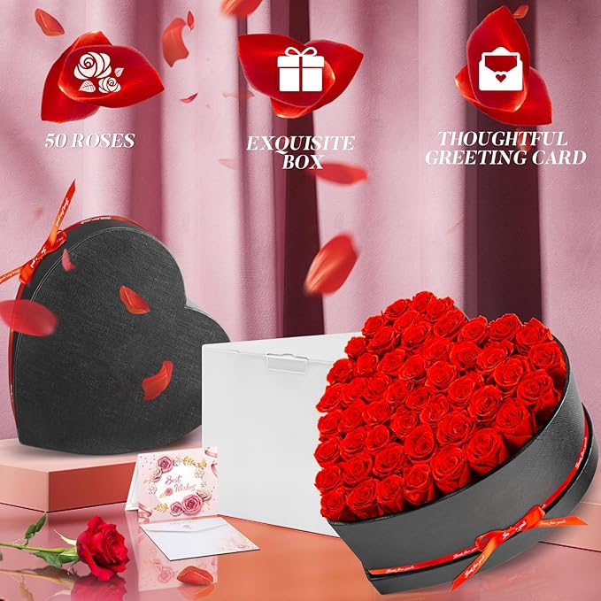 Impouo 50 Forever Flowers, Preserved Rose in Heart Shape Box, Eternal Roses, Birthday Gifts for Women, Wife, Her, Mother's Day -Red