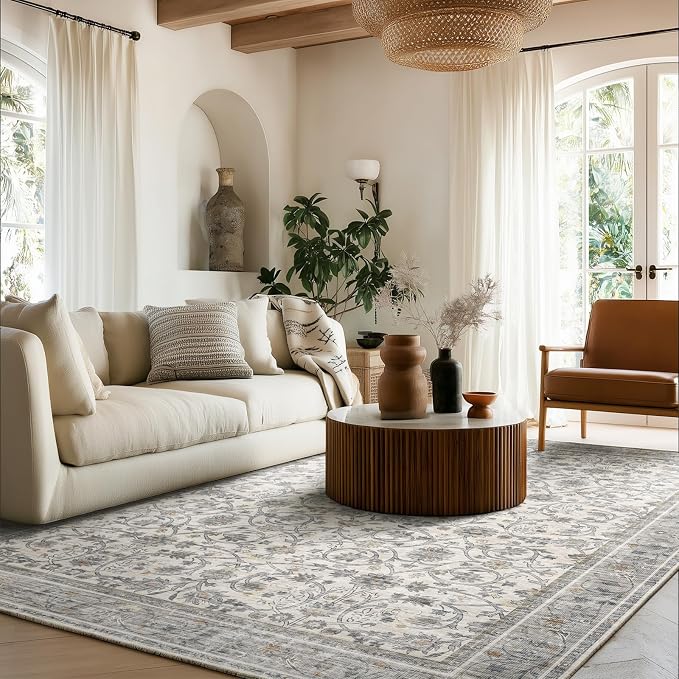 Washable Rugs for Living Room: 5x7 Area Rugs for Bedroom Ultra Soft Non-Slip Stain Resistant Vintage Boho Large Carpet for High-Traffic Dining Room - Farmhouse Decor